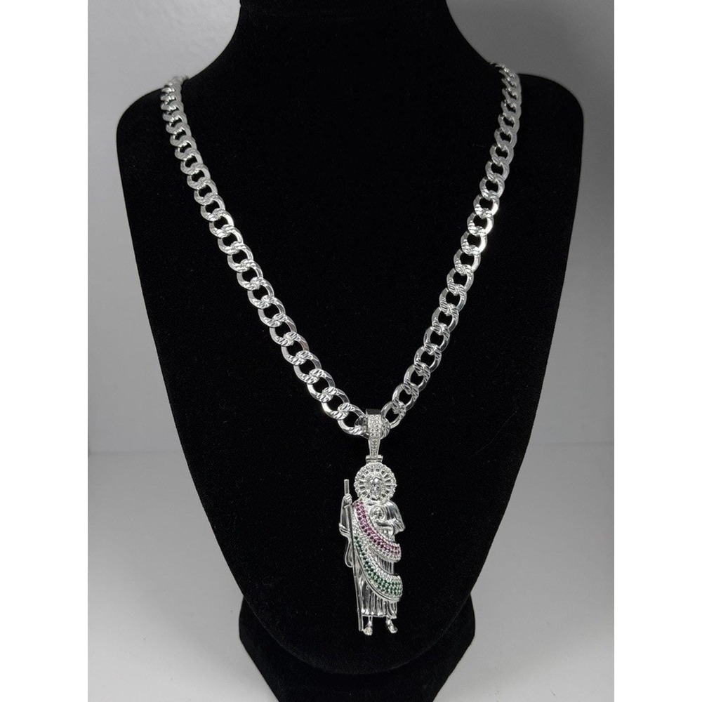 925 Sterling Silver San Judas Pendant Necklace 23 Inch 8.6mm Curb Chain